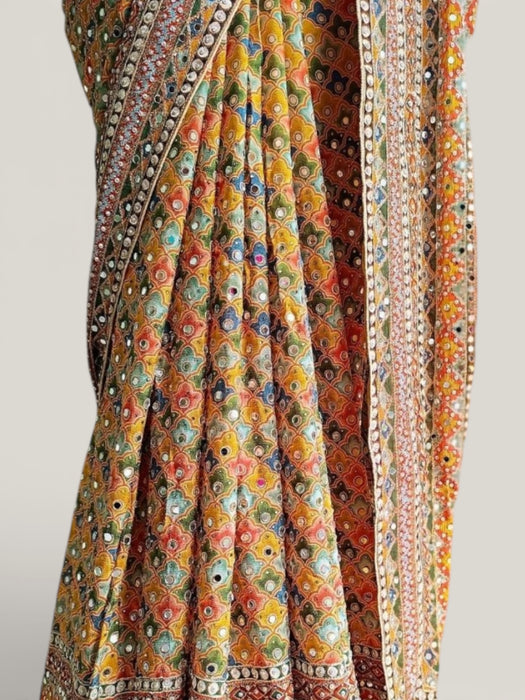 Multicolour crepe saree with heavy mirror work with ready made blouse