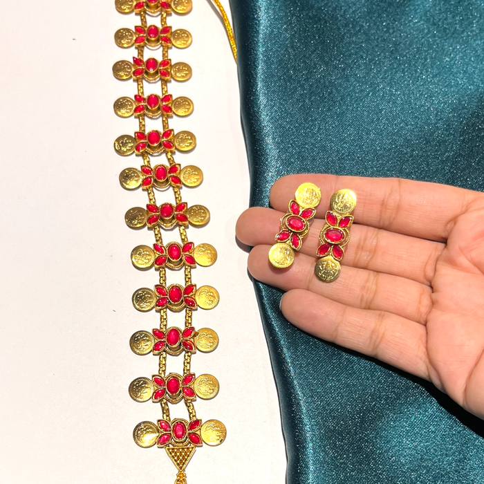 Lakshmi Coin Necklace with Floral design-Pink