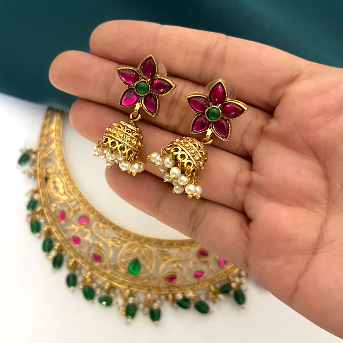 Aroopa Antique Hasli Necklace- Pink Inserts with Green Beads drops