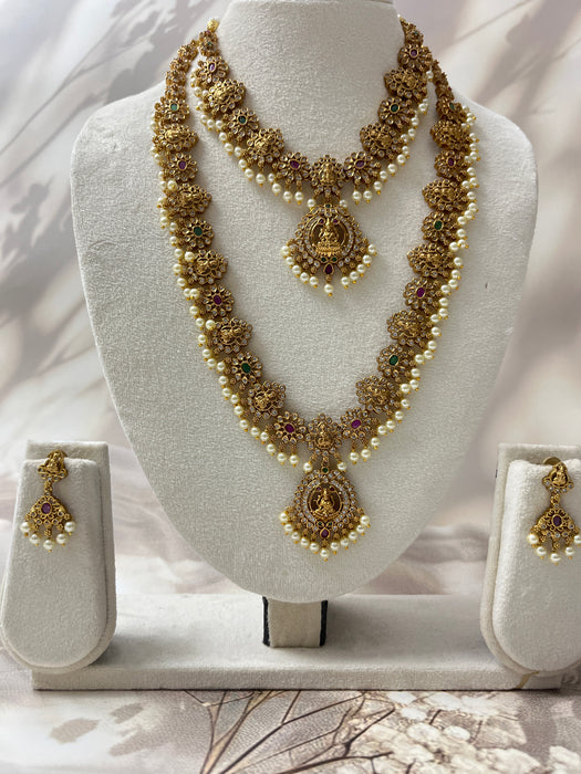 Antique Temple Lakshmi Necklace Set – Heritage Gold Finish with Pearl Drops