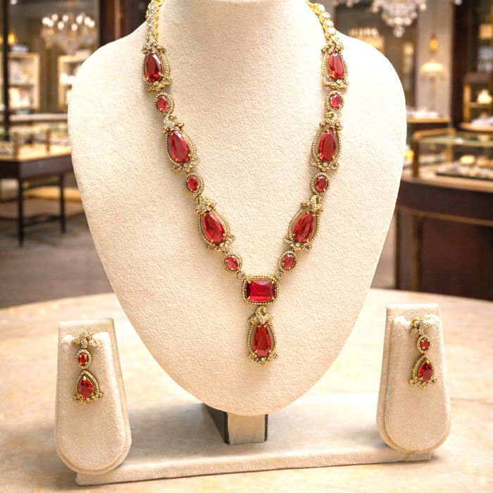 Antique Gold Finish Ruby Teardrop Statement Necklace Set