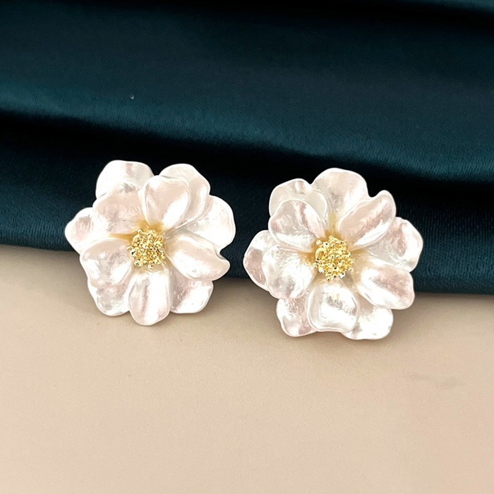 Elegant Enamel Flower Studs- White