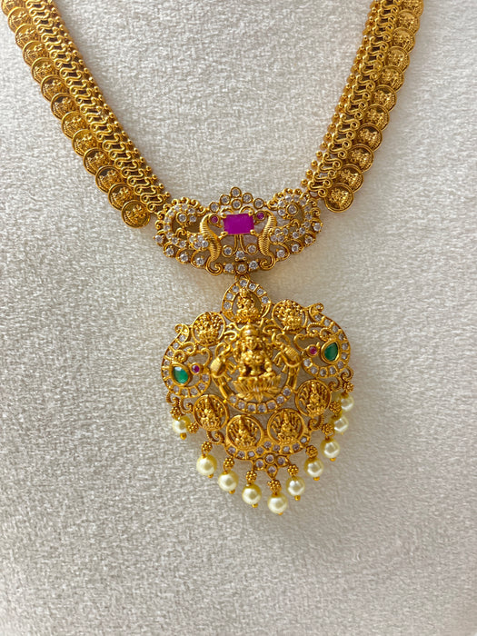 Temple Heritage Gold Necklace Set – Antique Finish with Pearl Drops