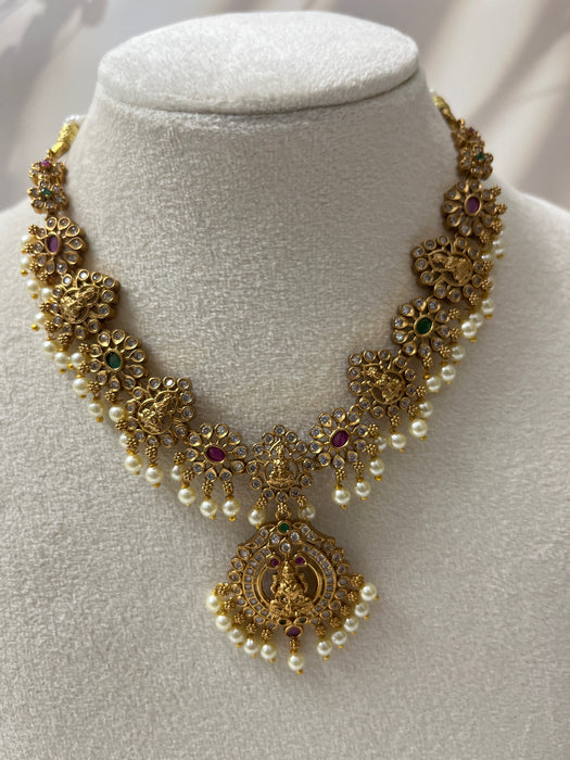 Antique Temple Lakshmi Necklace Set – Heritage Gold Finish with Pearl Drops