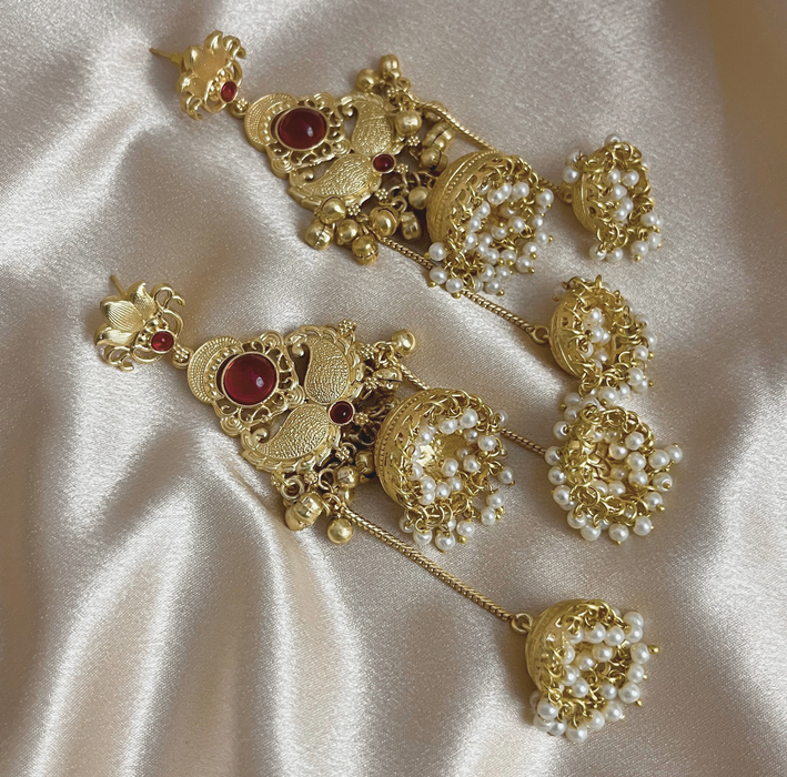 Aroopa Royal Red Temple Multi-Jhumka Earrings with Pearl Drops