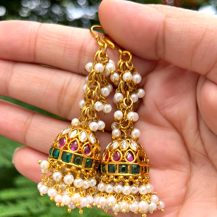 Red & Green Kundan Jhumka with Pearl drops