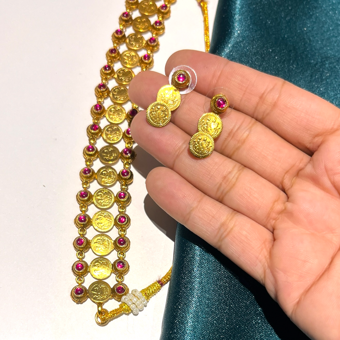 Lakshmi Coin Necklace Set with Pink Stone