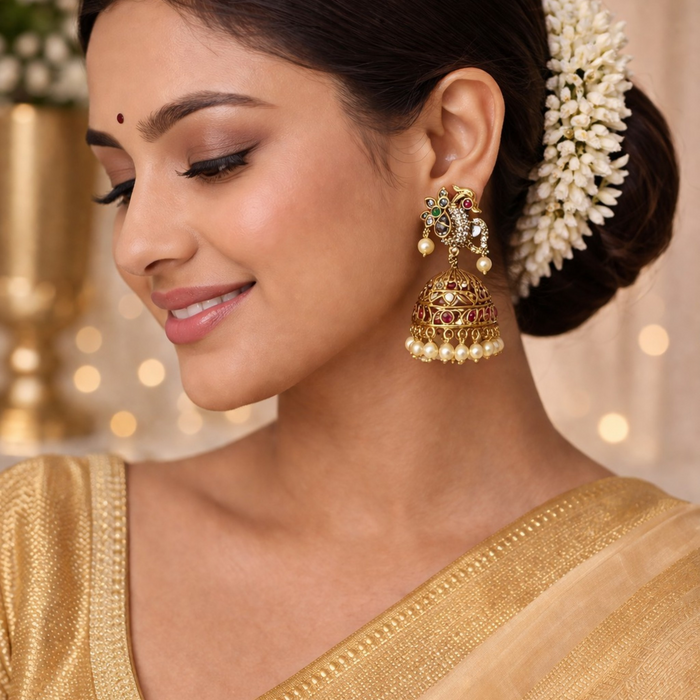 Aroopa Royal Swan Kundan Jhumka Earrings with Pearl Drops