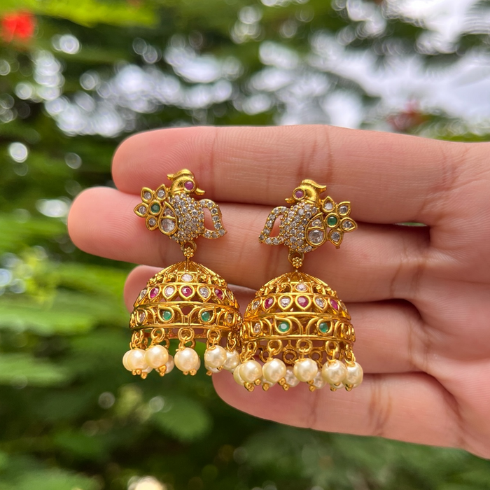 Aroopa Royal Swan Kundan Jhumka Earrings with Pearl Drops
