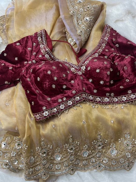 Aroopa Dual Tone Organza Tissue Saree with Sequins Border & Readymade Blouse