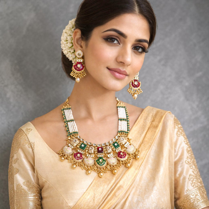 Aroopa Royal Kundan Meenakari Statement Necklace Set with Earrings