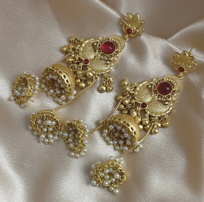 Aroopa Royal Red Temple Multi-Jhumka Earrings with Pearl Drops