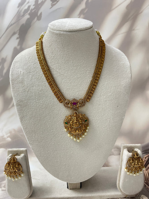 Temple Heritage Gold Necklace Set – Antique Finish with Pearl Drops