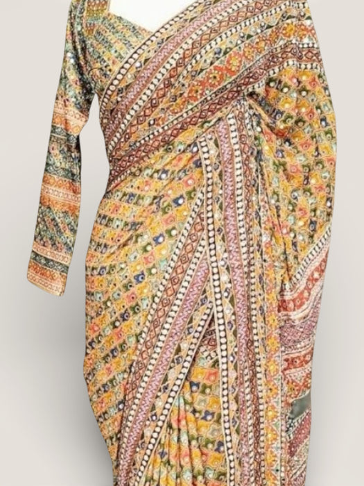 Multicolour crepe saree with heavy mirror work with ready made blouse