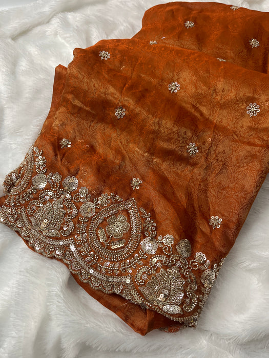 Rust Copper Heavy Sequins Embroidered Saree with heavy embroidery work unstitched blouse
