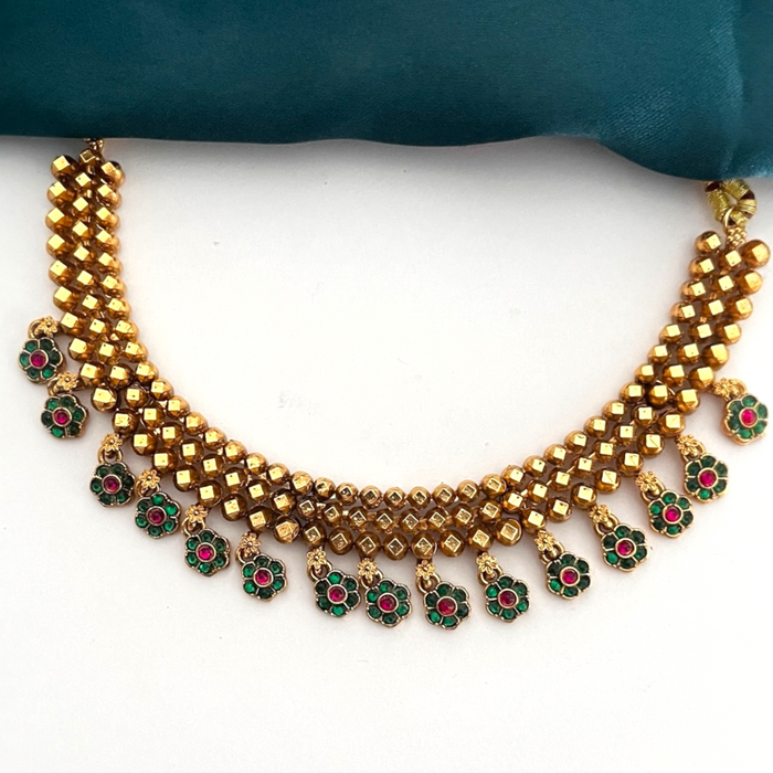 Golden Beads Necklace set with Green Floral Drops