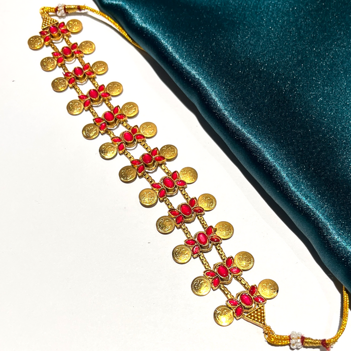 Lakshmi Coin Necklace with Floral design-Pink