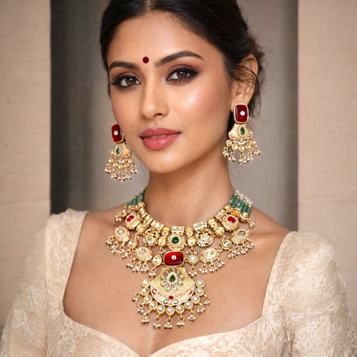 Royal Heritage Pearl Necklace Set with Emerald & Ruby Accents