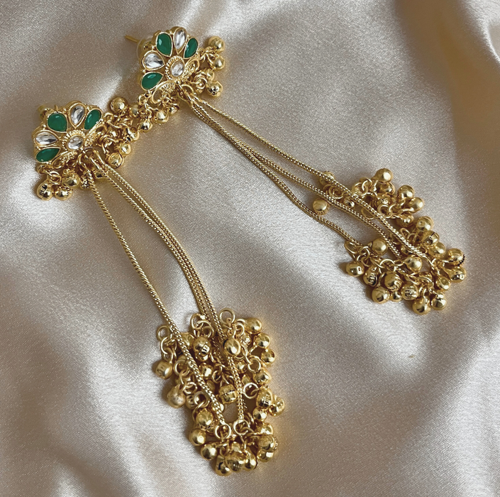 Aroopa Gold Finish Green Kundan Long Tassel Earrings for Women
