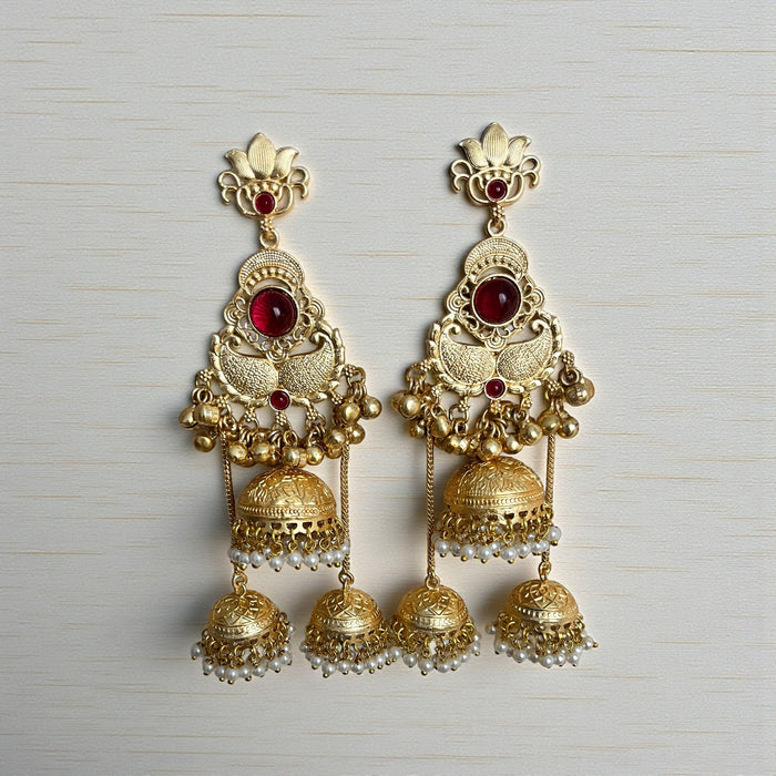 Aroopa Royal Red Temple Multi-Jhumka Earrings with Pearl Drops