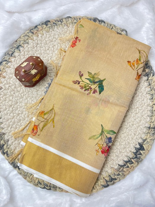 Elegant Beige Tissue Digital Patta Saree with Floral Border Design