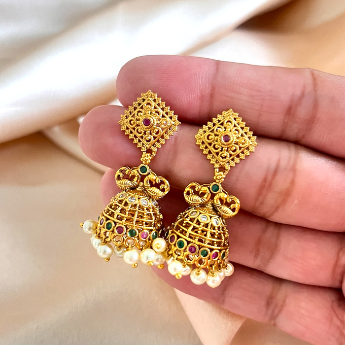 Aroopa Classic Kundan Jhumka Earrings with Pearl Drops