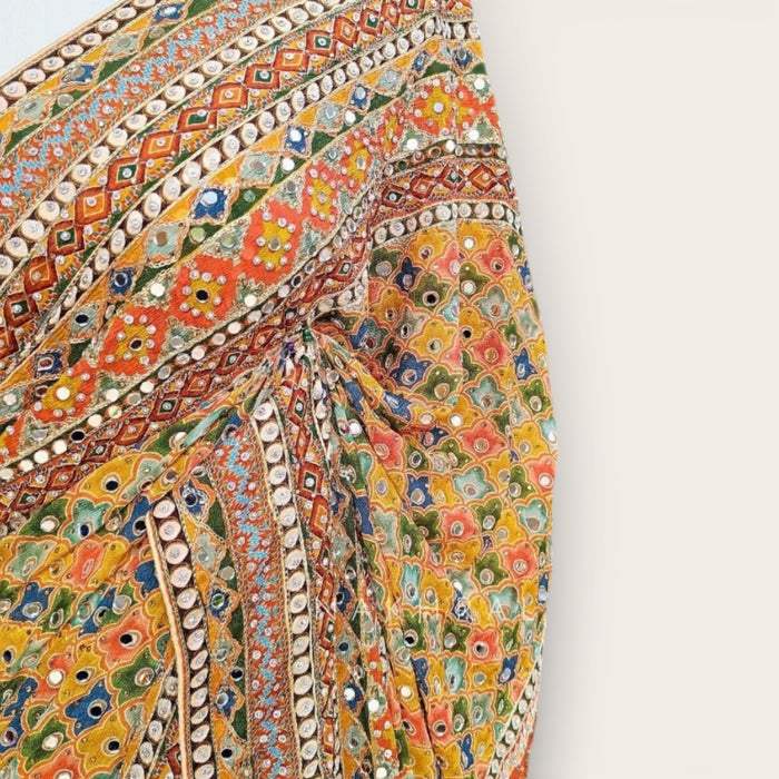 Multicolour crepe saree with heavy mirror work with ready made blouse