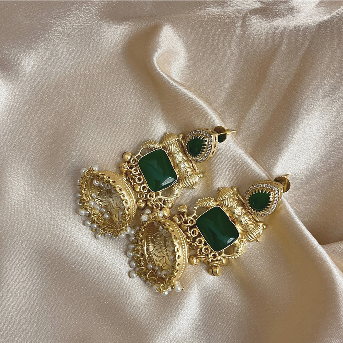 Aroopa Handcrafted Green Stone Long Jhumka Earrings – Ethnic Bridal Jewelry