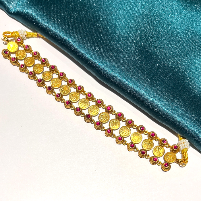 Lakshmi Coin Necklace Set with Pink Stone