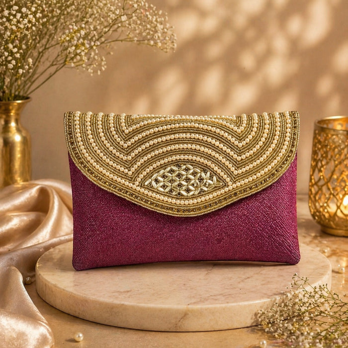 Aroopa Pearl Arc Embellished Jute Clutch