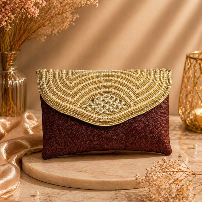 Aroopa Pearl Arc Embellished Jute Clutch