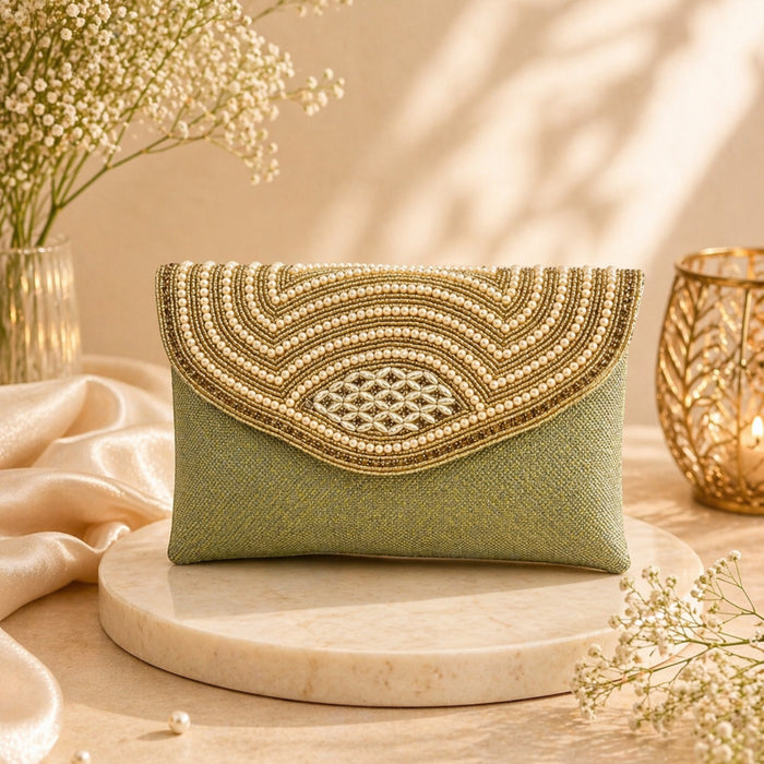 Aroopa Pearl Arc Embellished Jute Clutch