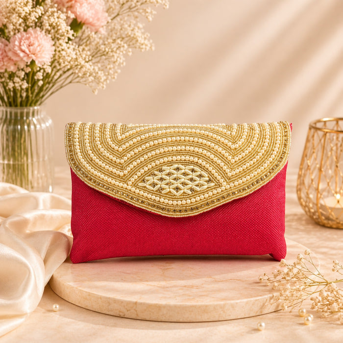 Aroopa Pearl Arc Embellished Jute Clutch