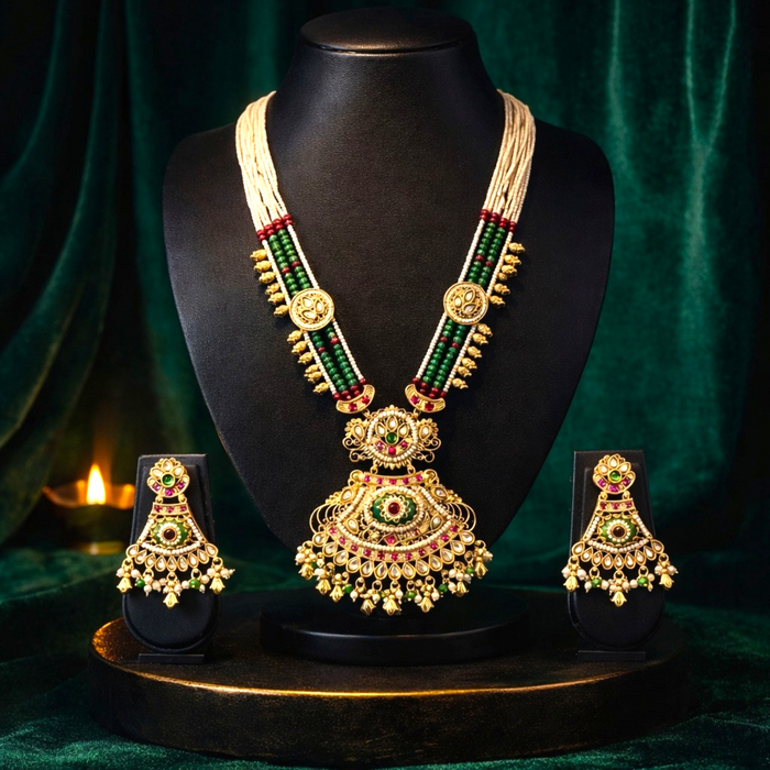 Aroopa Antique Gold Finish Emerald Beaded Necklace Set