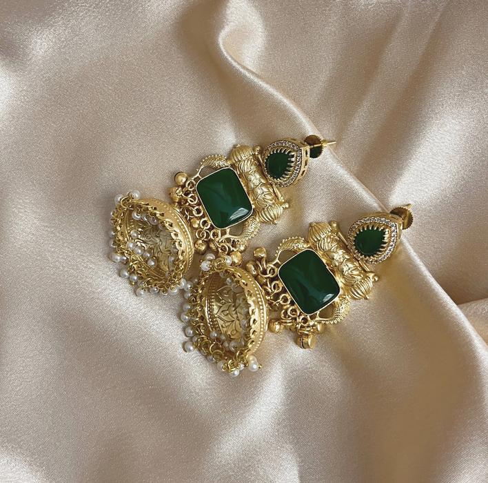 Aroopa Handcrafted Green Stone Long Jhumka Earrings – Ethnic Bridal Jewelry