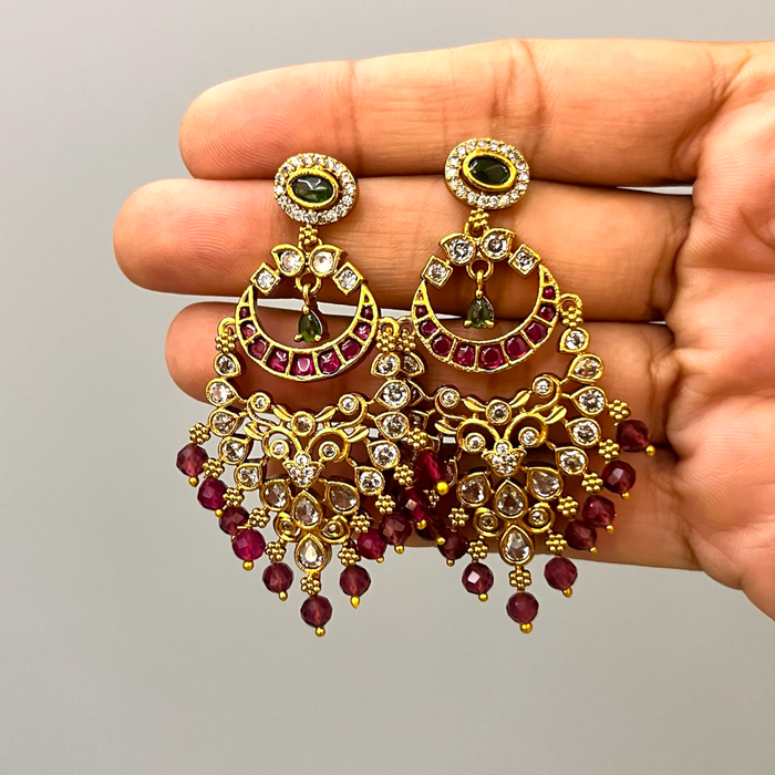 Traditional Chandbali Earrings with Kundan, Ruby, and Pearl Drops