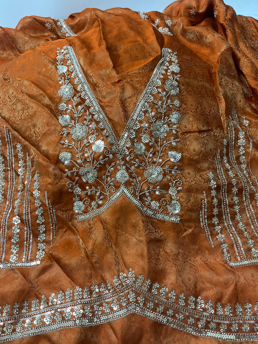 Rust Copper Heavy Sequins Embroidered Saree with heavy embroidery work unstitched blouse