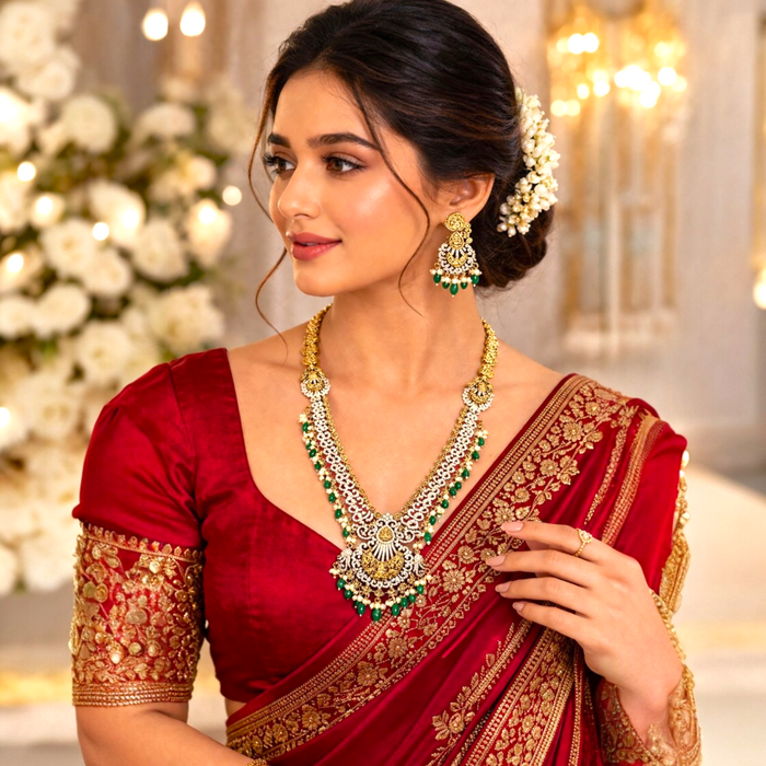 Aroopa CZ Gold Plated Bridal Necklace Set with Green Beads