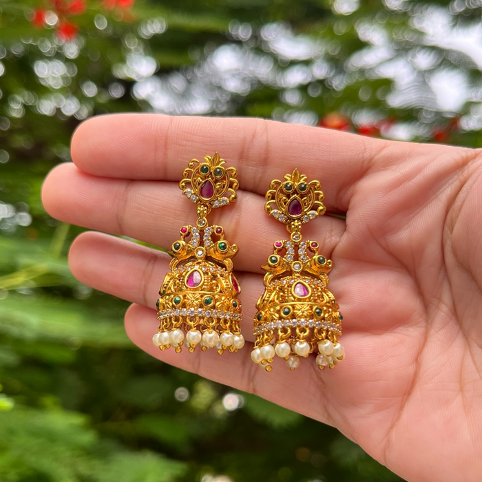 Aroopa Heritage Peacock Kundan Jhumka Earrings with Pearl Drops