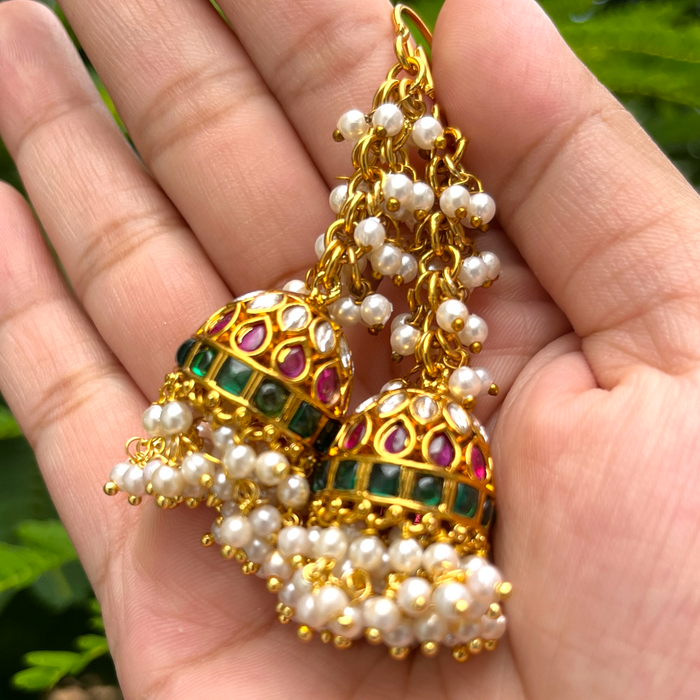 Red & Green Kundan Jhumka with Pearl drops