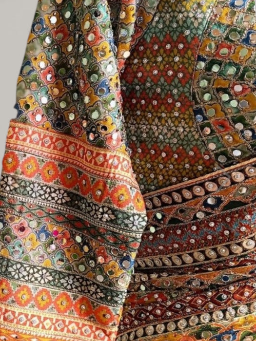 Multicolour crepe saree with heavy mirror work with ready made blouse