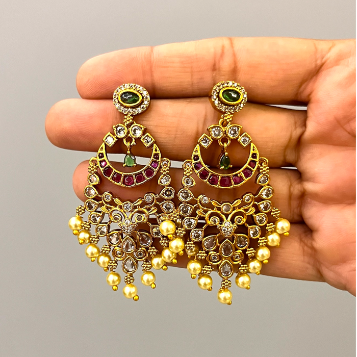Traditional Chandbali Earrings with Kundan, Ruby, and Pearl Drops