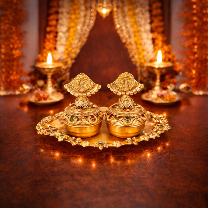 Traditional Bridal Sindoor Dani Set with Intricate Temple Carvings