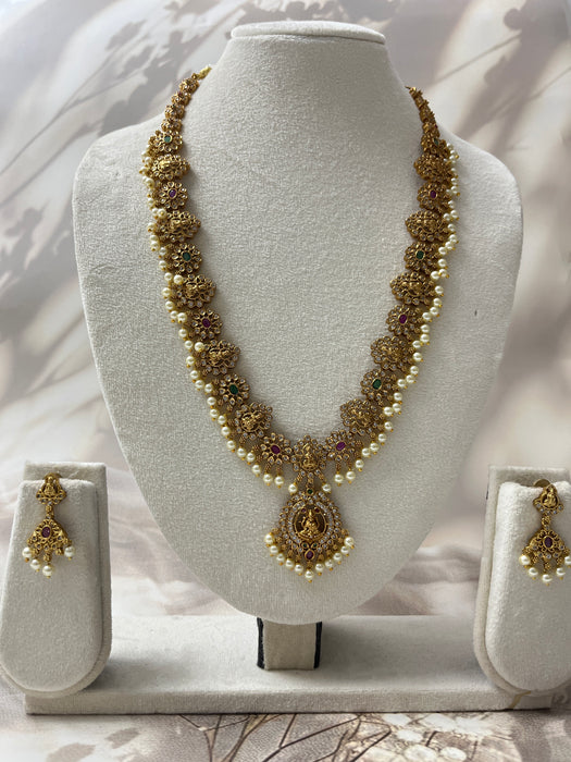 Antique Temple Lakshmi Necklace Set – Heritage Gold Finish with Pearl Drops
