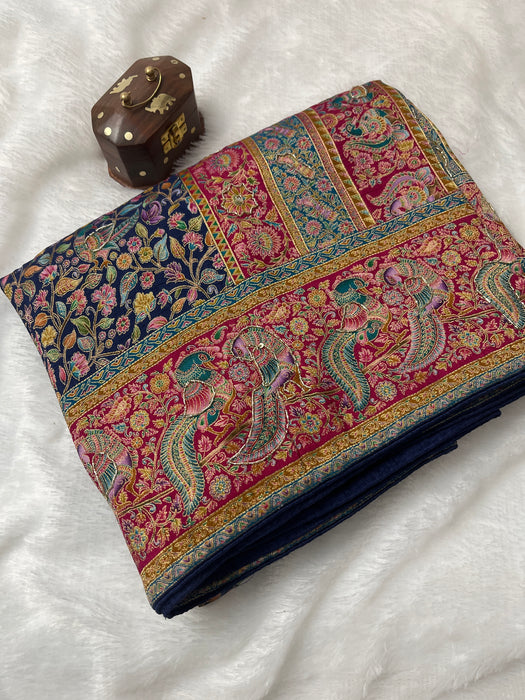 Aroopa Royal Blue Kanni Silk Saree with Minimal Border Work