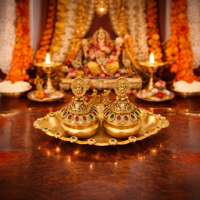 Traditional Bridal Sindoor Dani Set with Intricate Temple Carvings