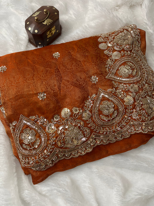 Rust Copper Heavy Sequins Embroidered Saree with heavy embroidery work unstitched blouse