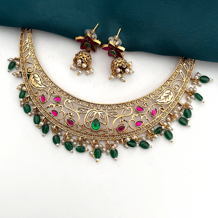 Aroopa Antique Hasli Necklace- Pink Inserts with Green Beads drops