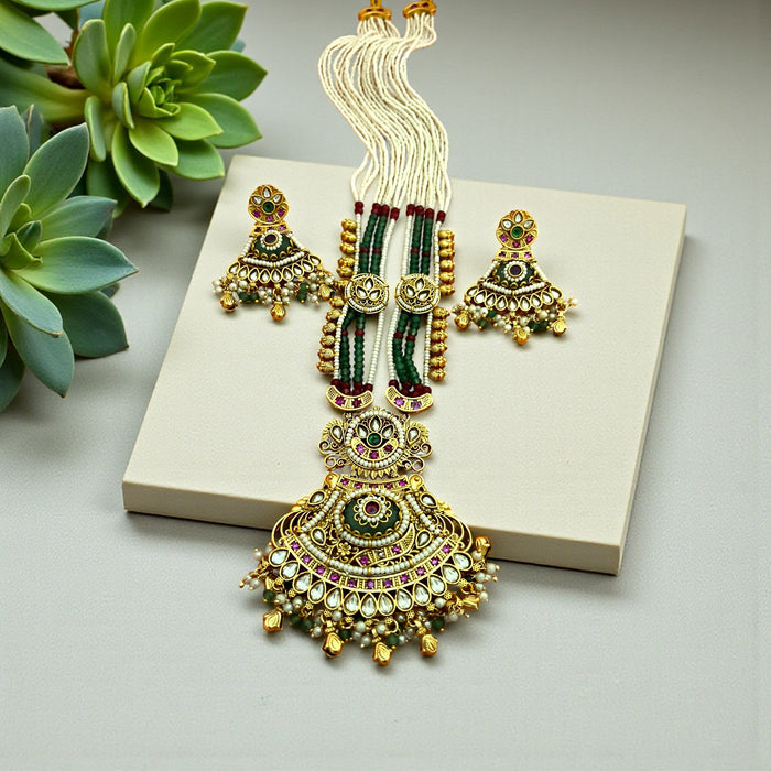 Aroopa Antique Gold Finish Emerald Beaded Necklace Set