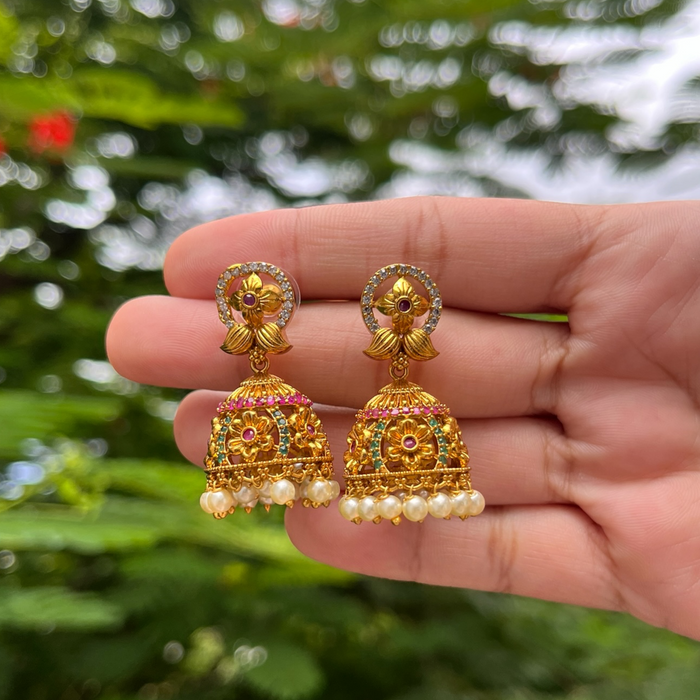 Aroopa Classic Pearl Temple Jhumka Earrings